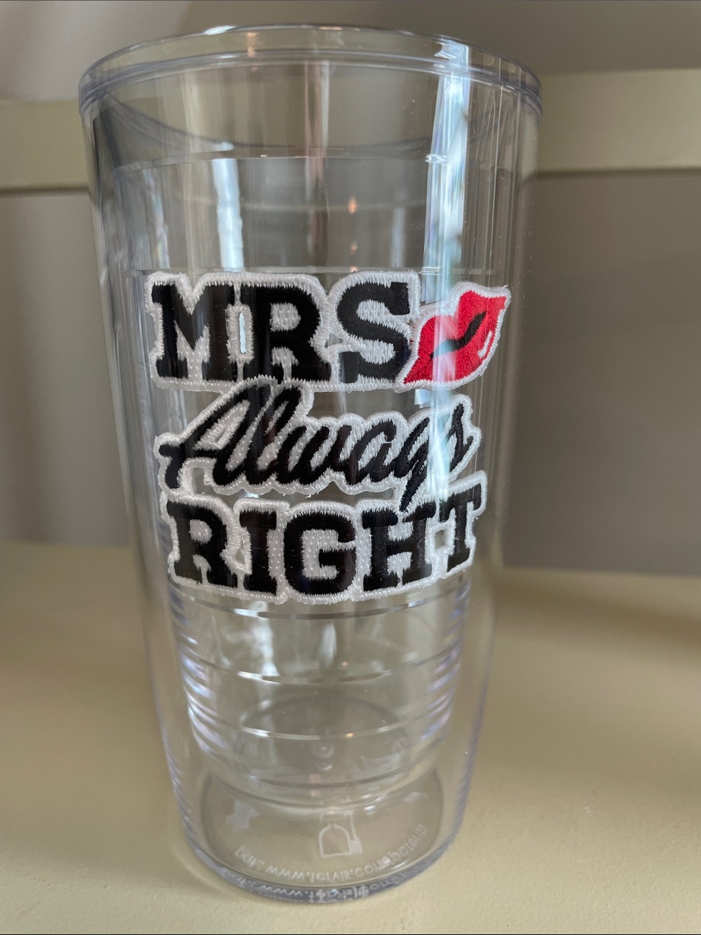 Tervis Tumbler Clear 'Mrs Always Right' Insulated Tumbler with Red Lip 16 oz NEW